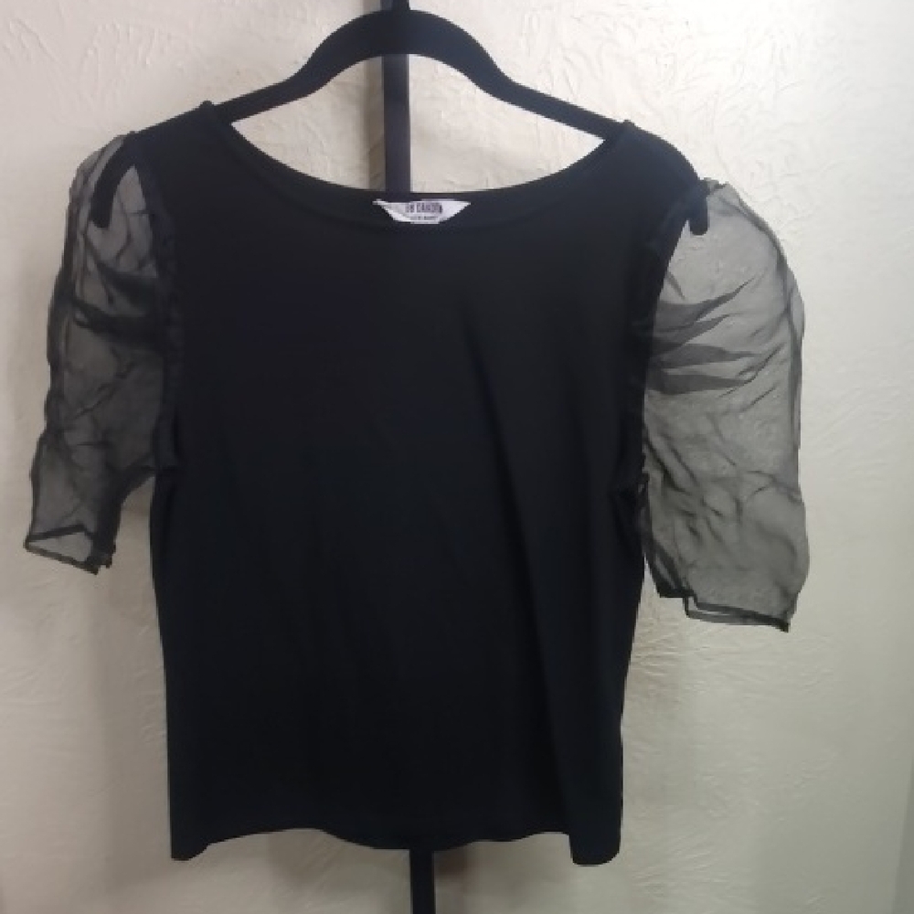 Size medium BB Dakota Black Sheer Puff Sleeve Blouse - Picture 2 of 4